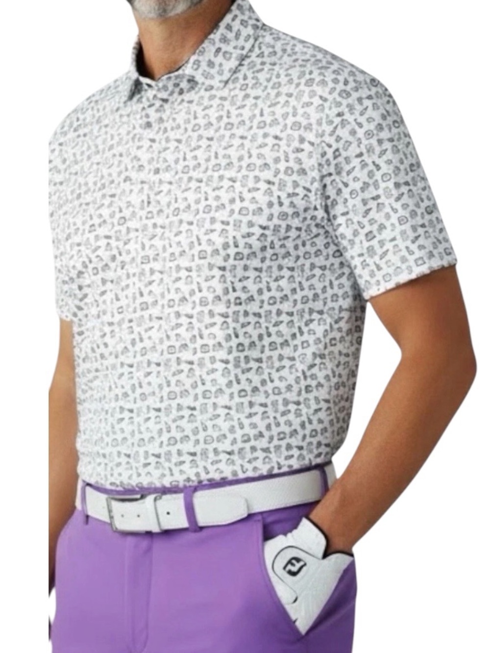 FootJoy FJ Polo Lisle Travel Print Short Sleeve White Shirt Sz L MSRP $85